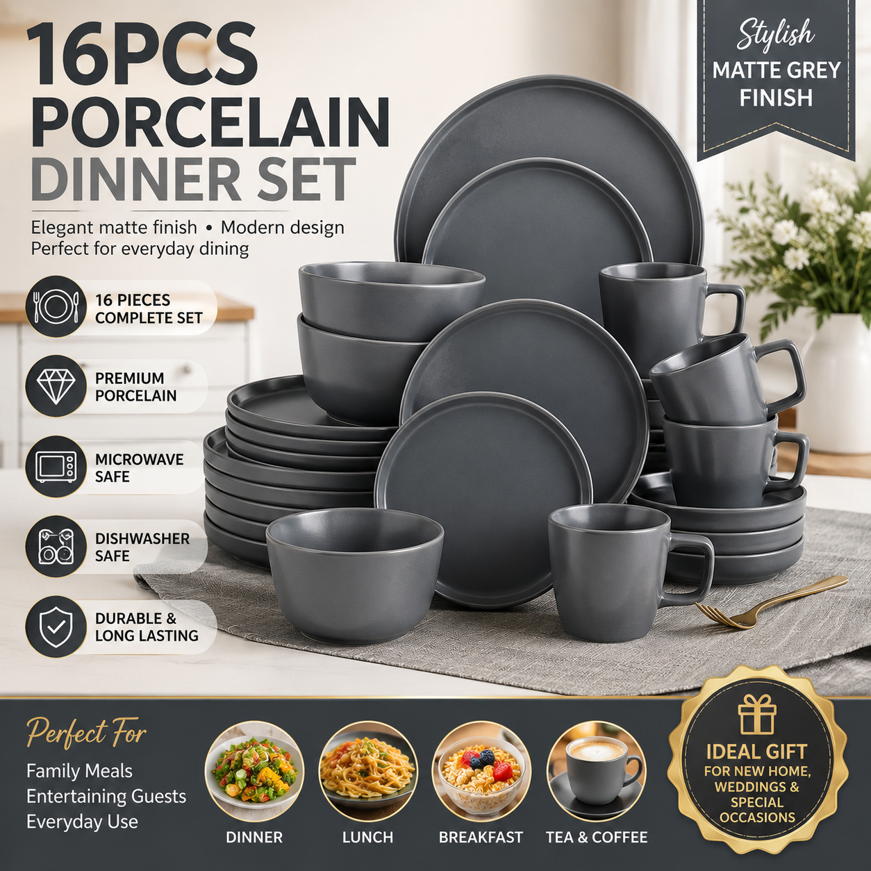 16 Pcs Porcelain Dinner Set, Matte Grey Plates Bowls and Mugs, Modern Ceramic Tableware Set for Home Dining, Breakfast, Lunch, Dinner and Kitchen Use