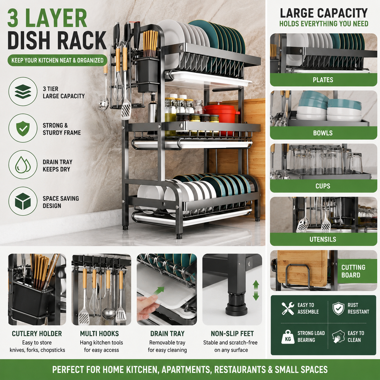 3 Layer Kitchen Dish Drying Rack Large Capacity Plate Bowl Organizer with Cup Holder, Utensil Hooks, Drain Tray, Cutting Board Holder, Space Saving Metal Storage Shelf for Home Kitchen Use