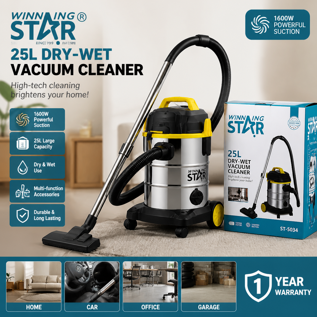 Winning Star 25L Wet & Dry Vacuum Cleaner ST-5034 | Copper Motor | 16000Pa Suction | Stainless Steel Tank | Home & Commercial Use | Complete Accessory Kit Included | Since 1999.