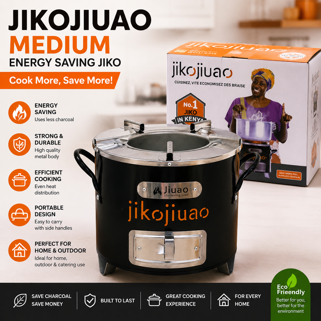 Jiuao Medium Energy Saving Charcoal Jiko Portable Stove with Metal Body, Side Handles, Strong Durable Kitchen Cooking Stove for Home, Outdoor, Catering and Daily Use - Medium Size, Black Finish Cooker