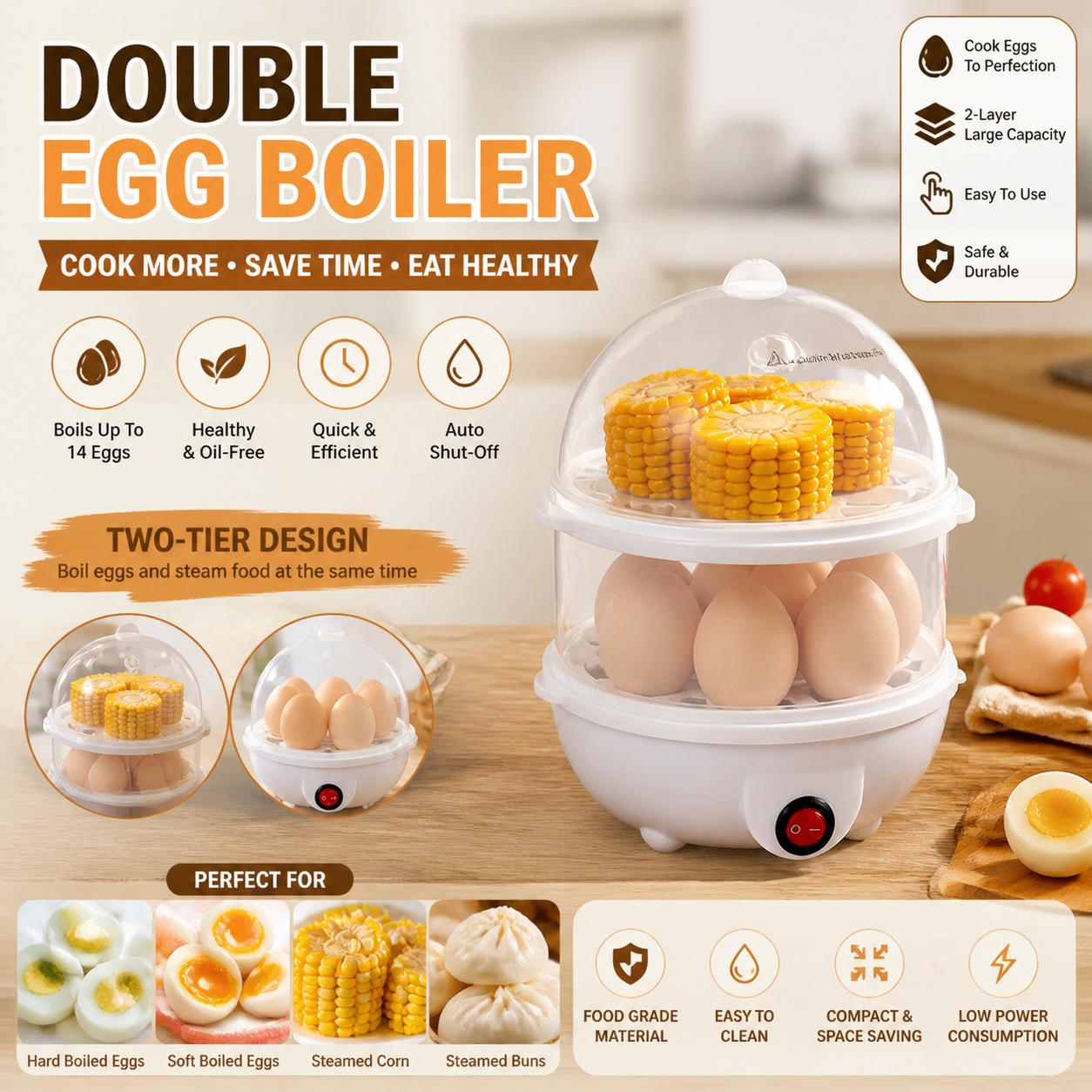 Double Egg Boiler | 2-Tier Egg Steamer for Boiling Eggs, Steaming Corn, and More | Easy-to-Use with Transparent Lid