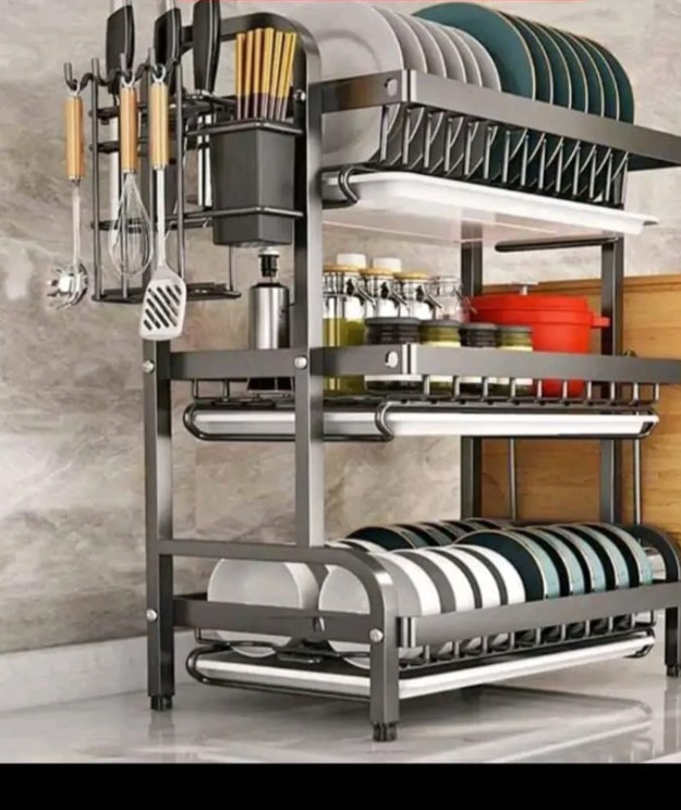 3 Layer Kitchen Dish Drying Rack Large Capacity Plate Bowl Organizer with Cup Holder, Utensil Hooks, Drain Tray, Cutting Board Holder, Space Saving Metal Storage Shelf for Home Kitchen Use
