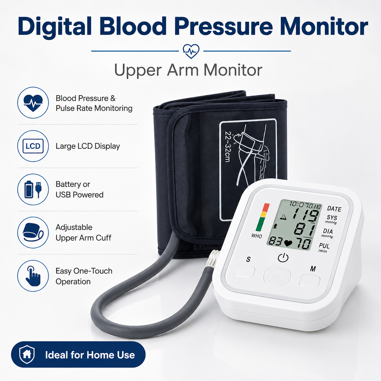Digital Upper Arm Blood Pressure Monitor with Large LCD Display, Pulse Rate Monitoring, Adjustable Cuff, Battery or USB Powered BP Machine for Home, Office and Clinic Health Checking Daily Use Now