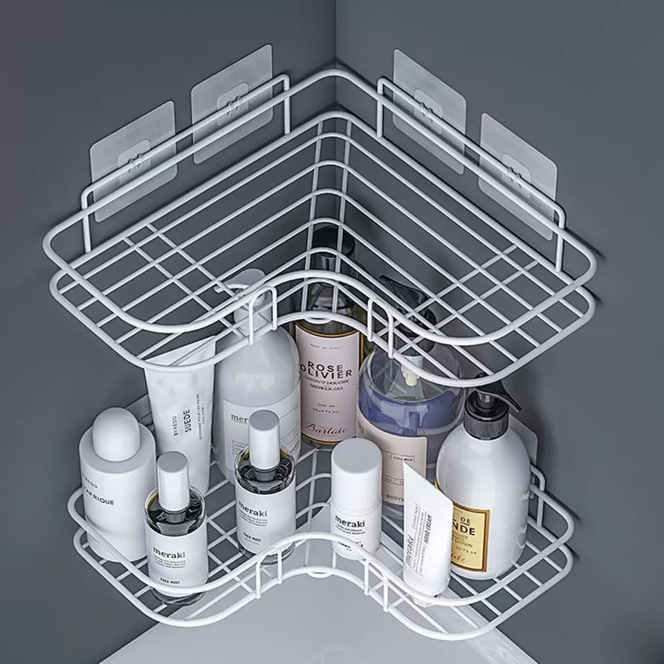 Wall Mounted Bathroom Kitchen Corner Rack Shelf White Iron Adhesive Storage Organizer 36x26cm No Drill Space Saving Holder for Toiletries, Spices, Bottles, Soap, Shampoo, Cosmetics and Household Items