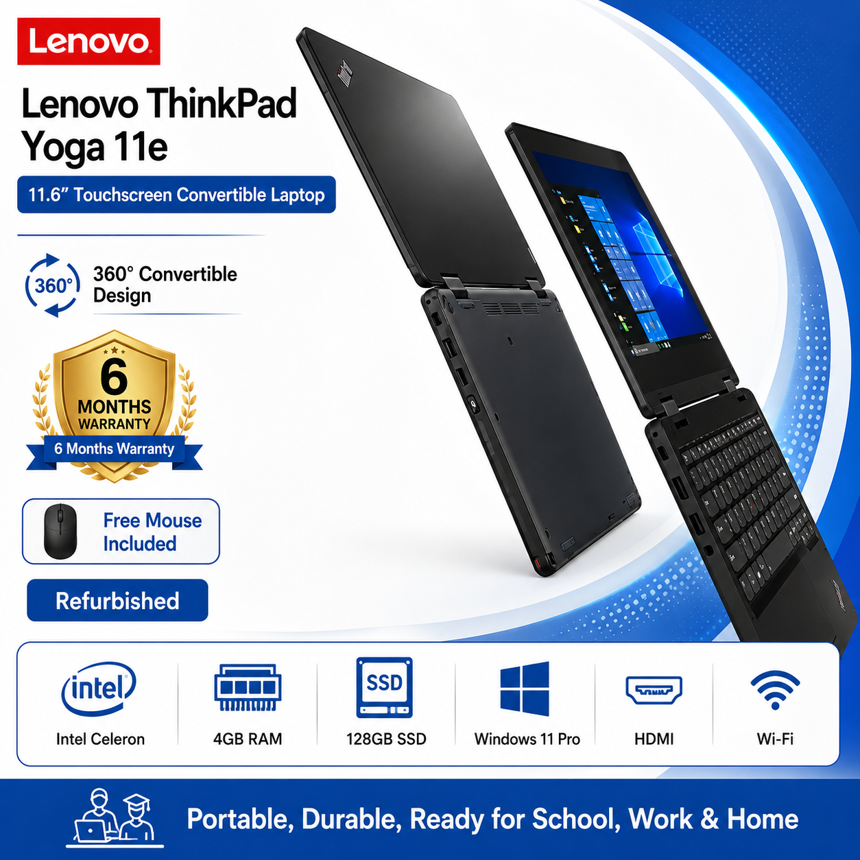 Lenovo ThinkPad Yoga 11e Touchscreen Refurbished Laptop 11.6 Inch 4GB RAM 128GB SSD Windows 11 Pro 360 Convertible Notebook with Free Mouse, Charger, 6 Month Warranty for School Office Home Daily Uses