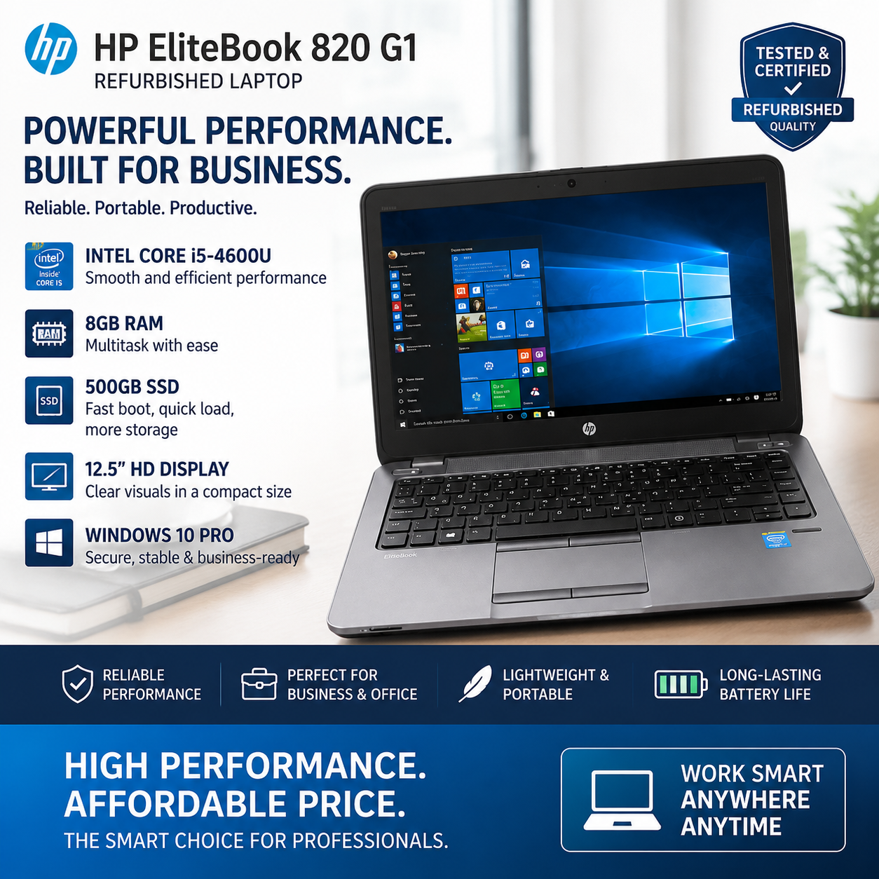 HP EliteBook 820 G1 Refurbished Laptop, Intel Core i5-4600U, 8GB RAM, 500GB SSD, 12.5-inch HD Display, Windows 10 Pro – Portable Business Laptop + Free Mouse