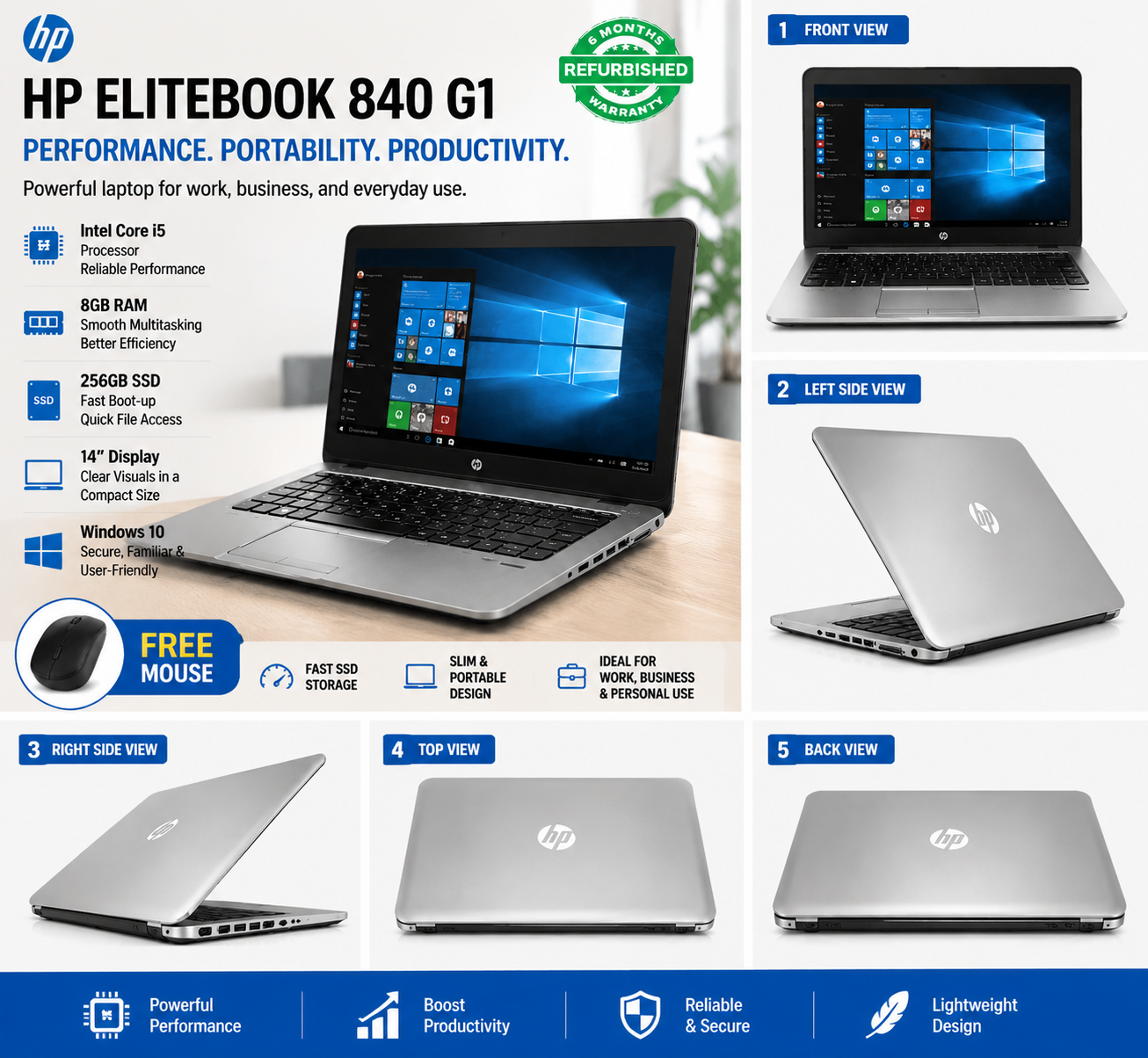 HP EliteBook 840 G1 Laptop, Intel Core i5 Processor, 8GB RAM, 256GB SSD, 14” Display, Windows 10, Fast SSD Storage, Slim Design, Ideal for Work, Business, and Personal Use