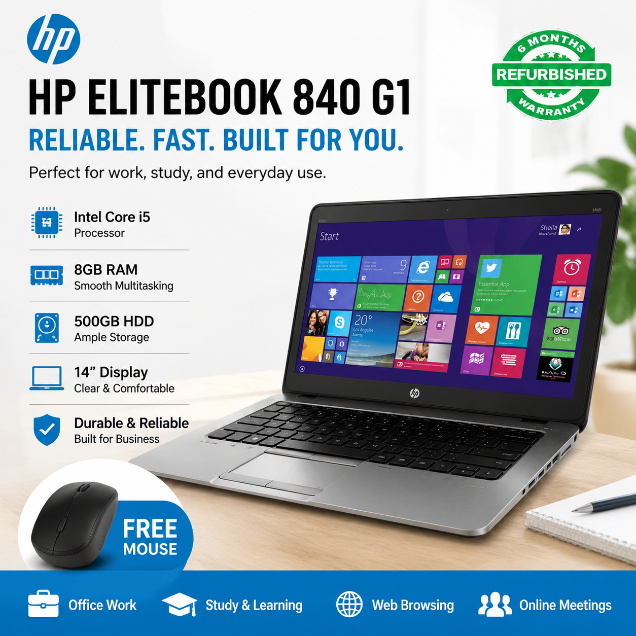 HP EliteBook 840 G1 Laptop Intel Core i5 8GB RAM 500GB HDD 14” Display Business/Student Use + Free Mouse Portable Durable Office Notebook