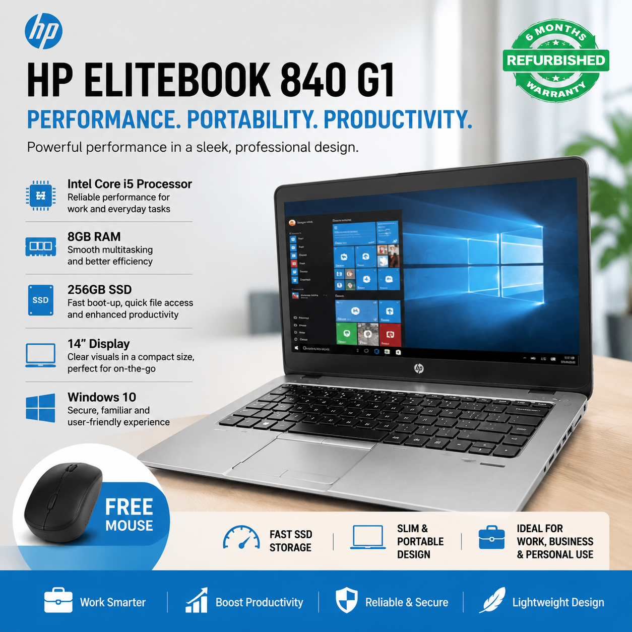 HP EliteBook 840 G1 Laptop, Intel Core i5 Processor, 8GB RAM, 256GB SSD, 14” Display, Windows 10, Fast SSD Storage, Slim Design, Ideal for Work, Business, and Personal Use