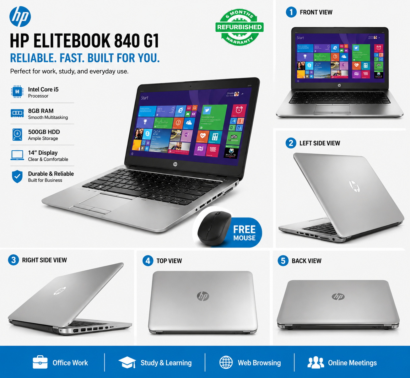 HP EliteBook 840 G1 Laptop Intel Core i5 8GB RAM 500GB HDD 14” Display Business/Student Use + Free Mouse Portable Durable Office Notebook
