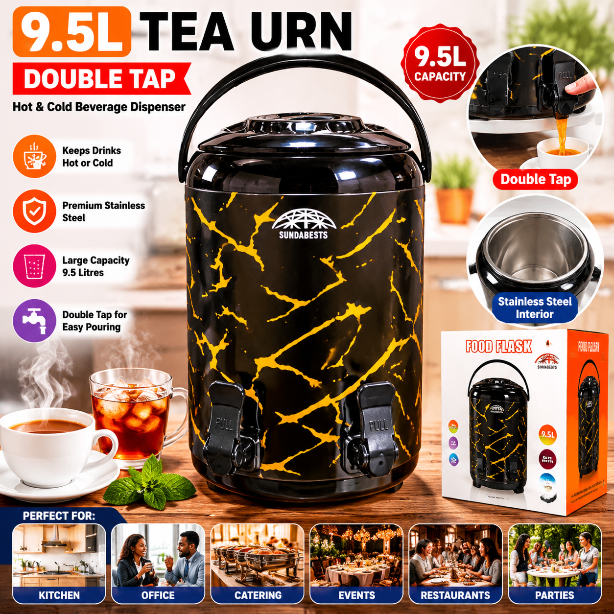 9.5L Stainless Steel Tea Urn with Double Tap, Hot & Cold Beverage Dispenser, Ideal for Kitchen, Office, Catering, Events, Restaurants, Parties, Coffee, Tea, Buffet, and Large Gatherings