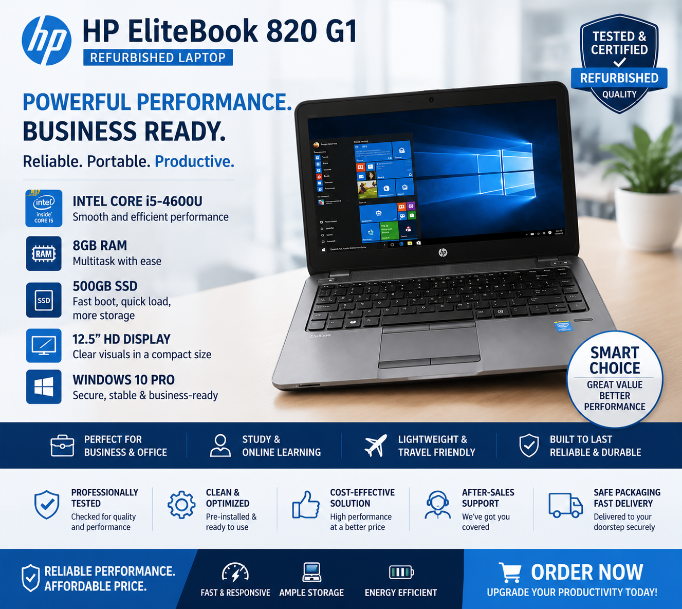 HP EliteBook 820 G1 Refurbished Laptop, Intel Core i5-4600U, 8GB RAM, 500GB SSD, 12.5-inch HD Display, Windows 10 Pro – Portable Business Laptop + Free Mouse