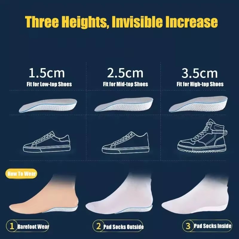 Height Increase Insoles For Men Women Shoes Flat Feet Arch Support Orthopedic Insoles Sneakers Heel Lift Memory Foam Shoe Pads C-204