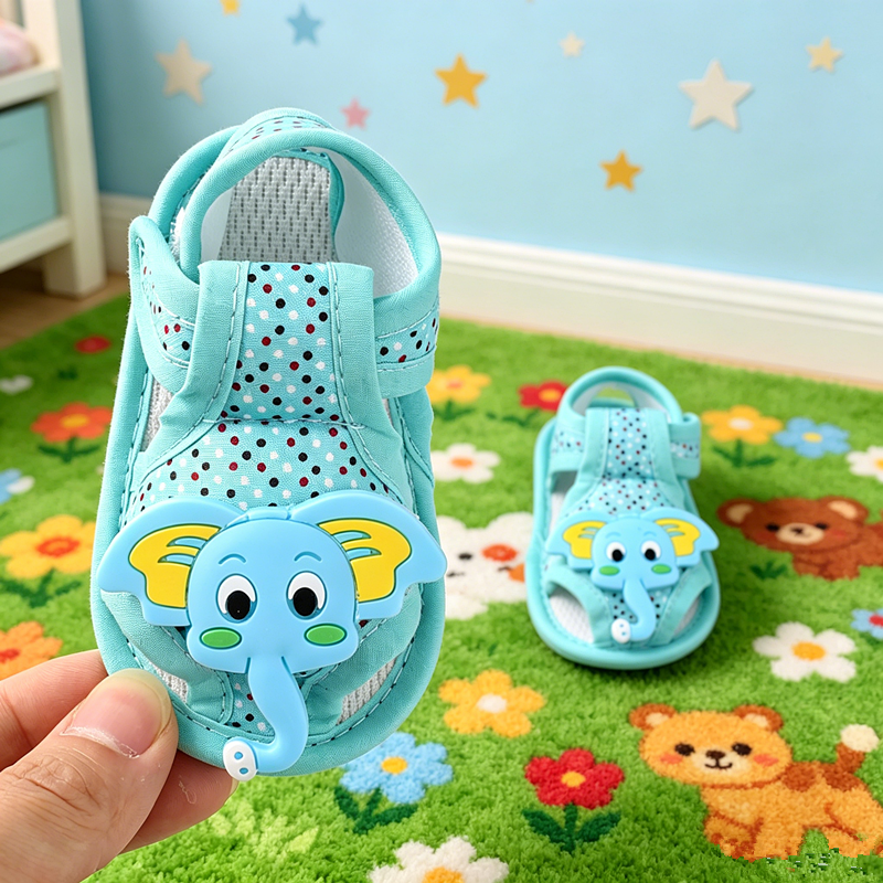 Polka Dot 3D Elephant Baby Sandals, Closed Toe Light Breathable Soft Sole Summer Crib Shoes for Infants 0-1 Year Old