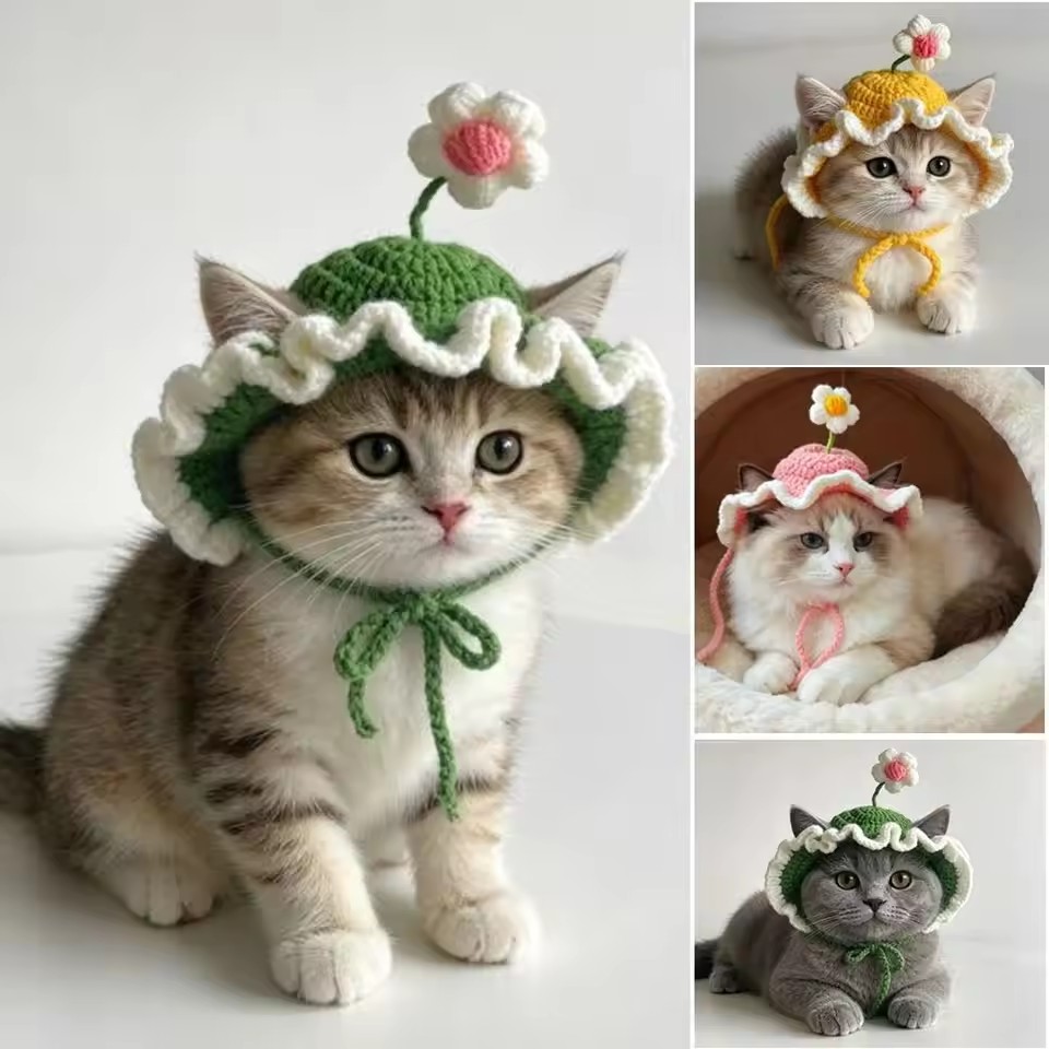 Cute Refined Cat Hat Elastic Autumn Winter Pet Puppy Kittens Knitted Headgear Party Photo Shooting Props Decoration Pets Costume