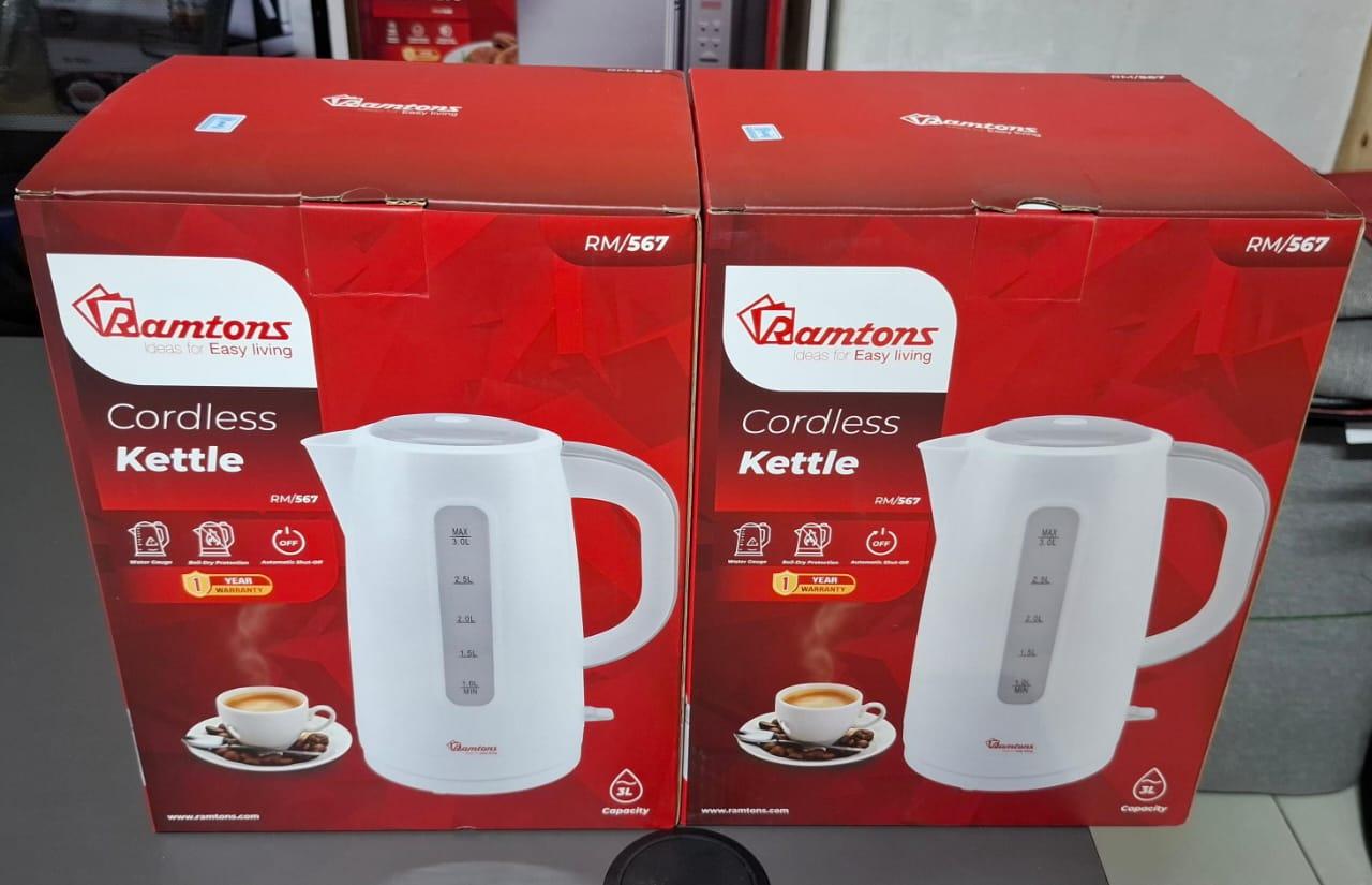 Ramtons RM/567 Cordless Electric Kettle - 3L Large Capacity, 2200W Fast Boiling Water Heater with Water Level Window & Boil-Dry Protection - White