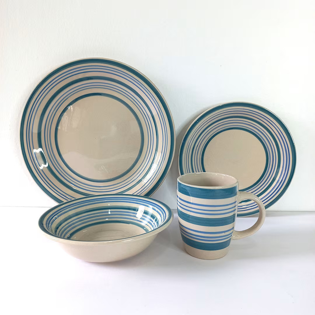 16-Piece Blue Striped Ceramic Dinner Set – Modern Plates, Bowls & Mug Set for 4