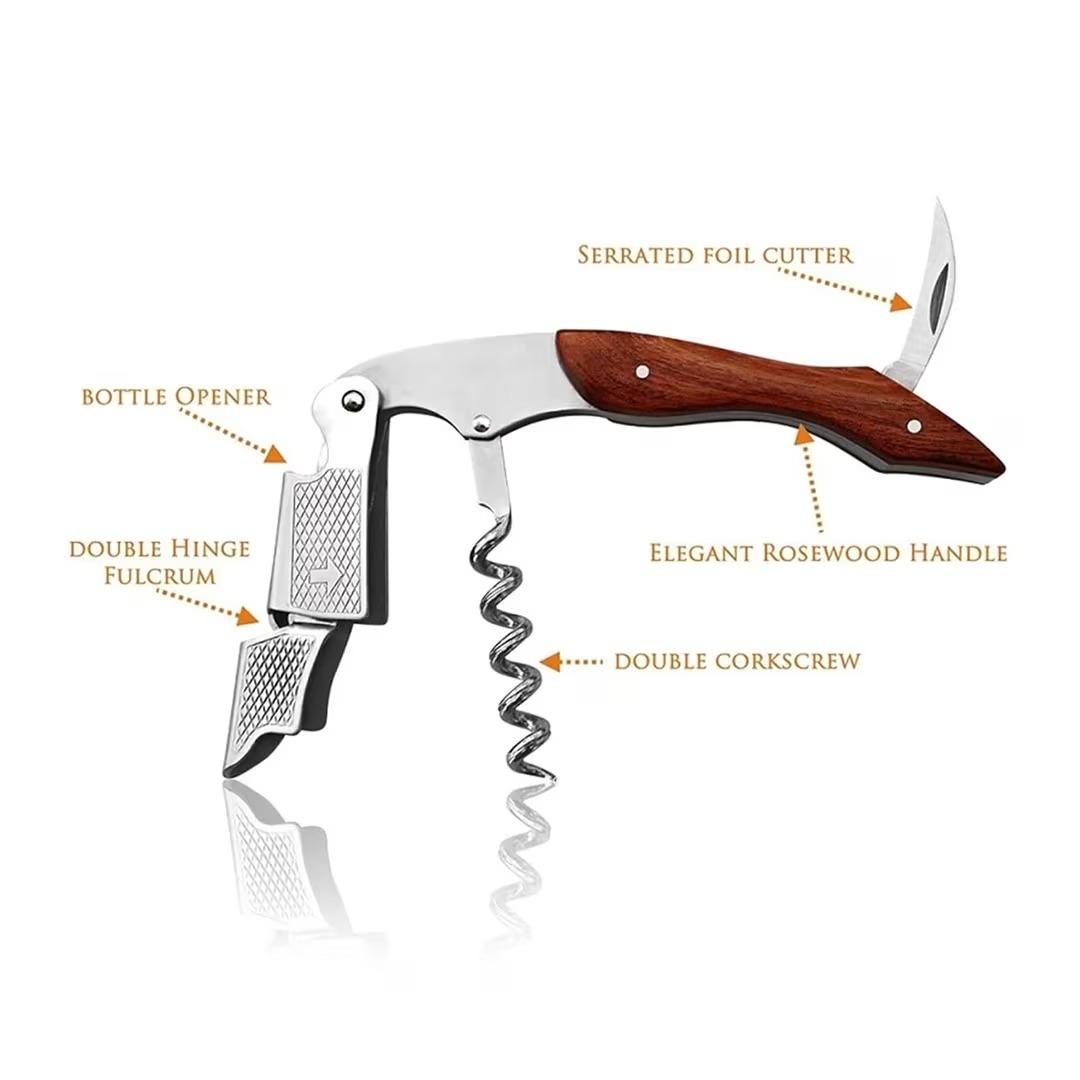 Premium Rosewood Handle Waiter's Corkscrew Wine Opener – 3-in-1 Bottle Opener & Foil Cutter