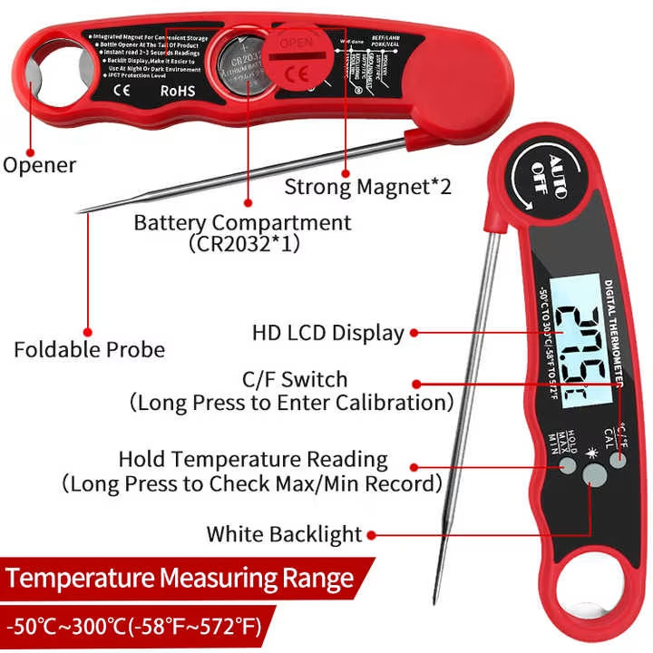 Digital Food Thermometer – Instant-Read Meat Thermometer with Foldable Probe, Backlit LCD & Magnet (-50°C to 300°C