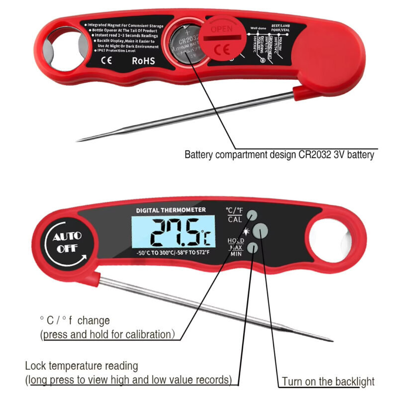 Digital Food Thermometer – Instant-Read Meat Thermometer with Foldable Probe, Backlit LCD & Magnet (-50°C to 300°C