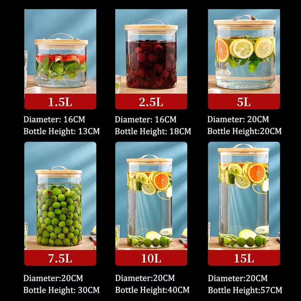 Large Borosilicate Glass Storage & Fermentation Jar 5L/7.5L/10L/15L – Airtight Bamboo Lid with Built-In Thermometer & Stainless Steel Handle