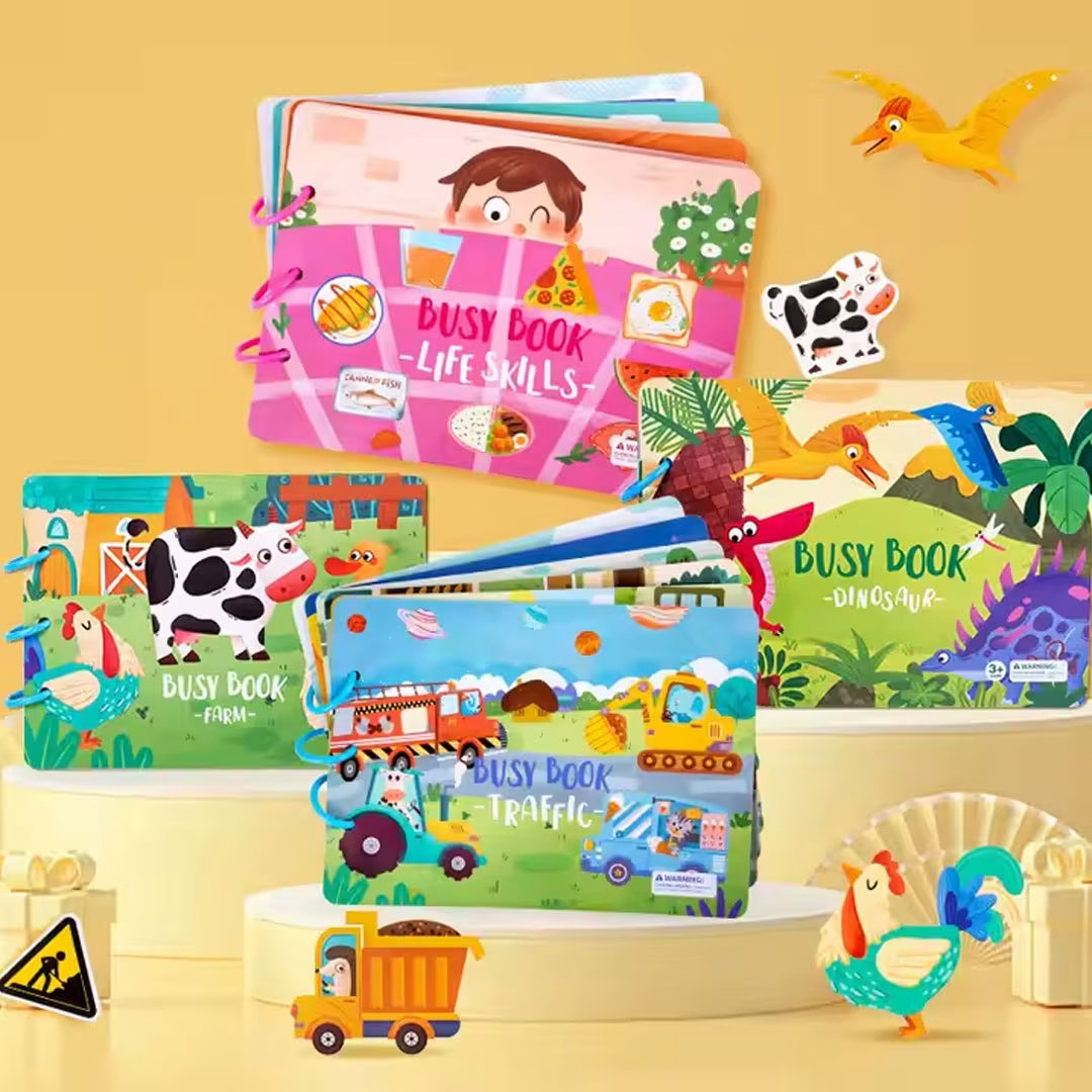 Montessori Busy Book for Toddlers – Life Skills, Traffic, Dinosaur & Farm Sensory Learning Book