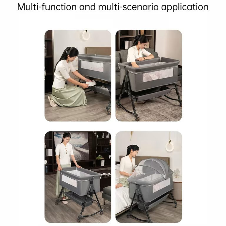 Baby Bassinet & Bedside Sleeper with Mosquito Net Canopy – 6 Height Settings, Rocking Mode, Lockable Wheels & Storage Basket