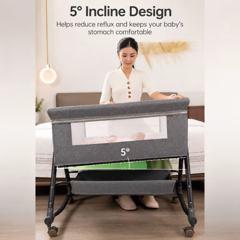 Baby Bassinet & Bedside Sleeper with Mosquito Net Canopy – 6 Height Settings, Rocking Mode, Lockable Wheels & Storage Basket