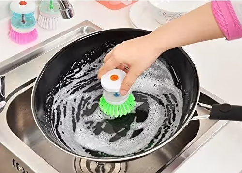 Dish Washing Brush with Soap Dispenser – Push-Button Refillable Kitchen Scrub Brush with Soap Reservoir