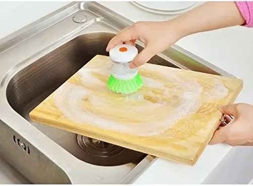 Dish Washing Brush with Soap Dispenser – Push-Button Refillable Kitchen Scrub Brush with Soap Reservoir