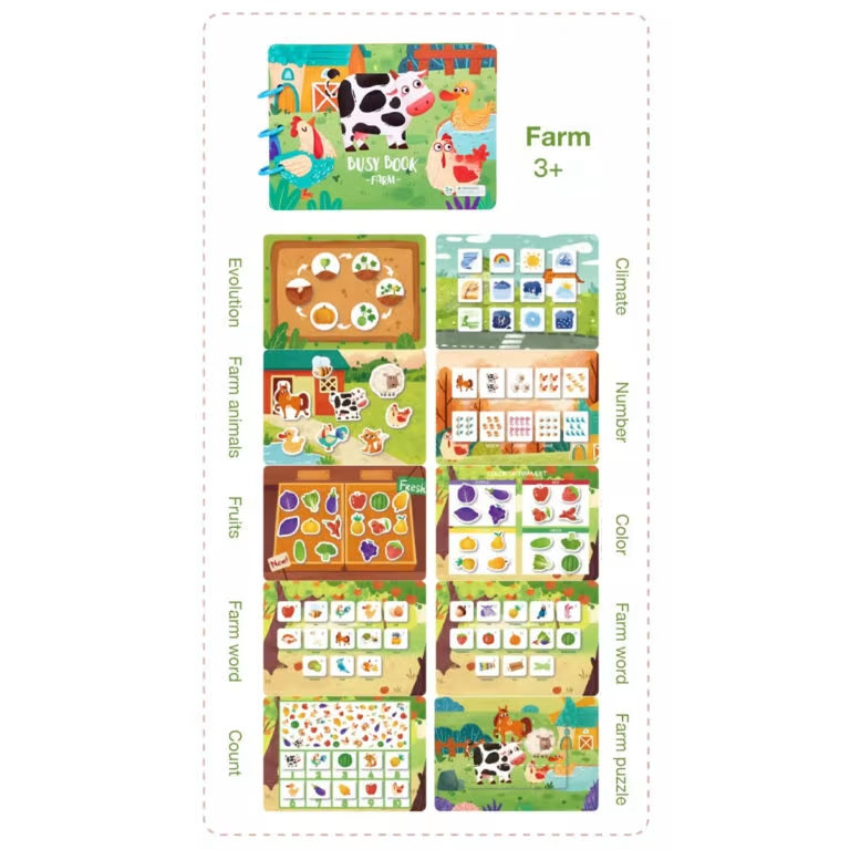 Montessori Busy Book for Toddlers – Life Skills, Traffic, Dinosaur & Farm Sensory Learning Book