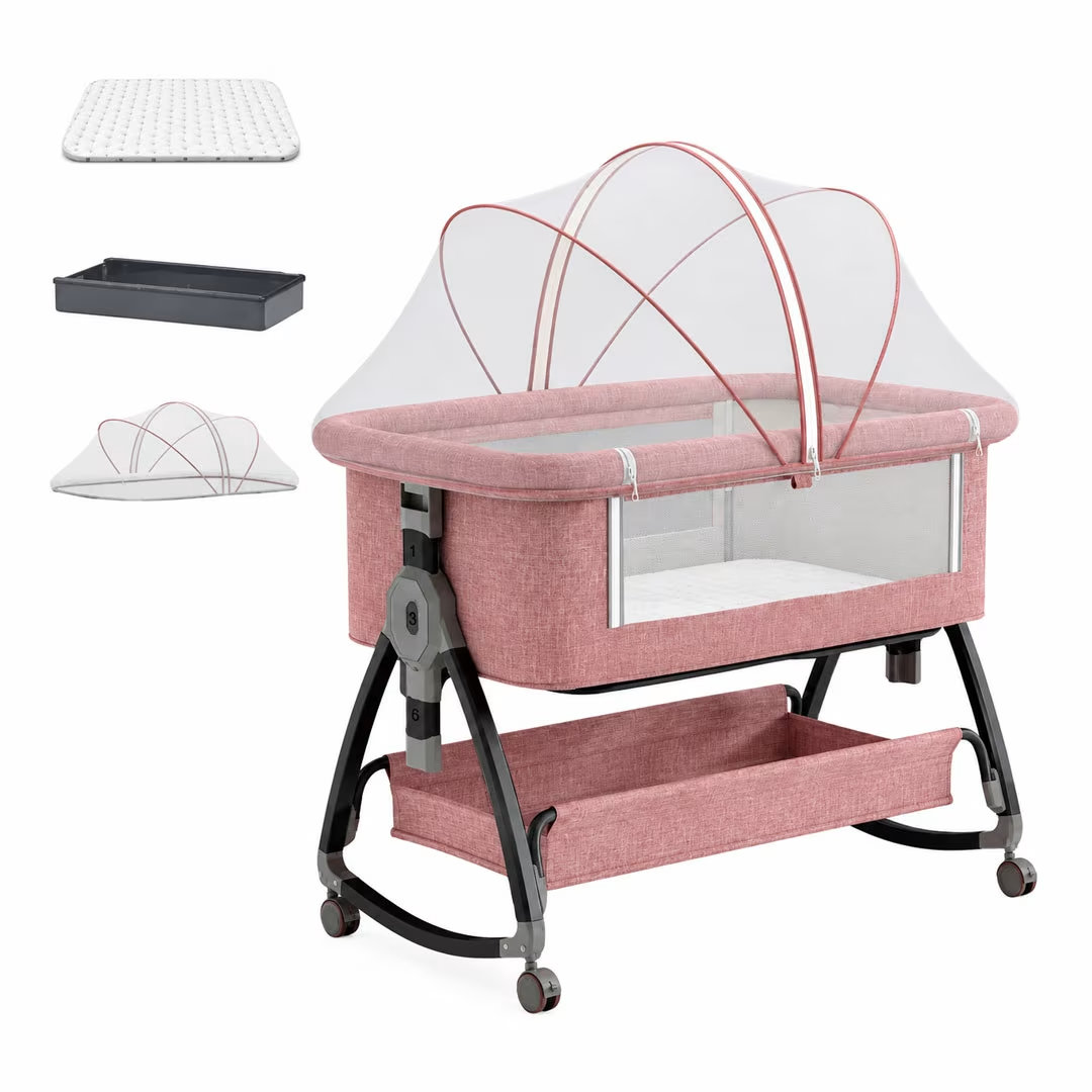 Baby Bassinet & Bedside Sleeper with Mosquito Net Canopy – 6 Height Settings, Rocking Mode, Lockable Wheels & Storage Basket