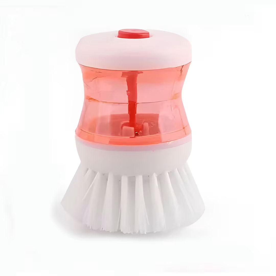 Dish Washing Brush with Soap Dispenser – Push-Button Refillable Kitchen Scrub Brush with Soap Reservoir
