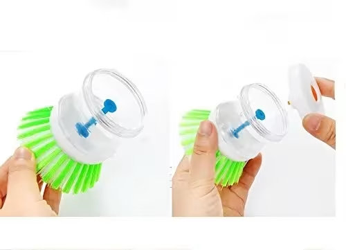 Dish Washing Brush with Soap Dispenser – Push-Button Refillable Kitchen Scrub Brush with Soap Reservoir