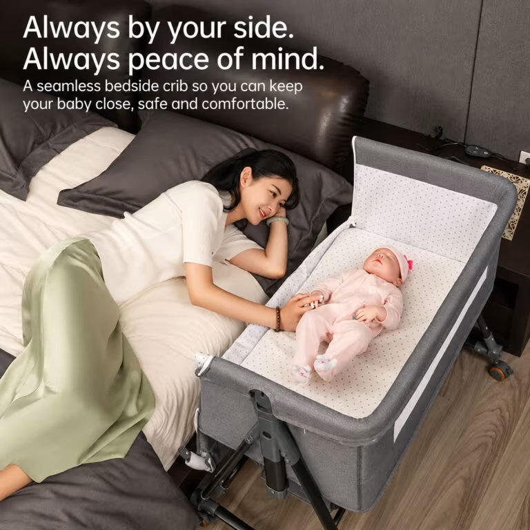 Baby Bassinet & Bedside Sleeper with Mosquito Net Canopy – 6 Height Settings, Rocking Mode, Lockable Wheels & Storage Basket