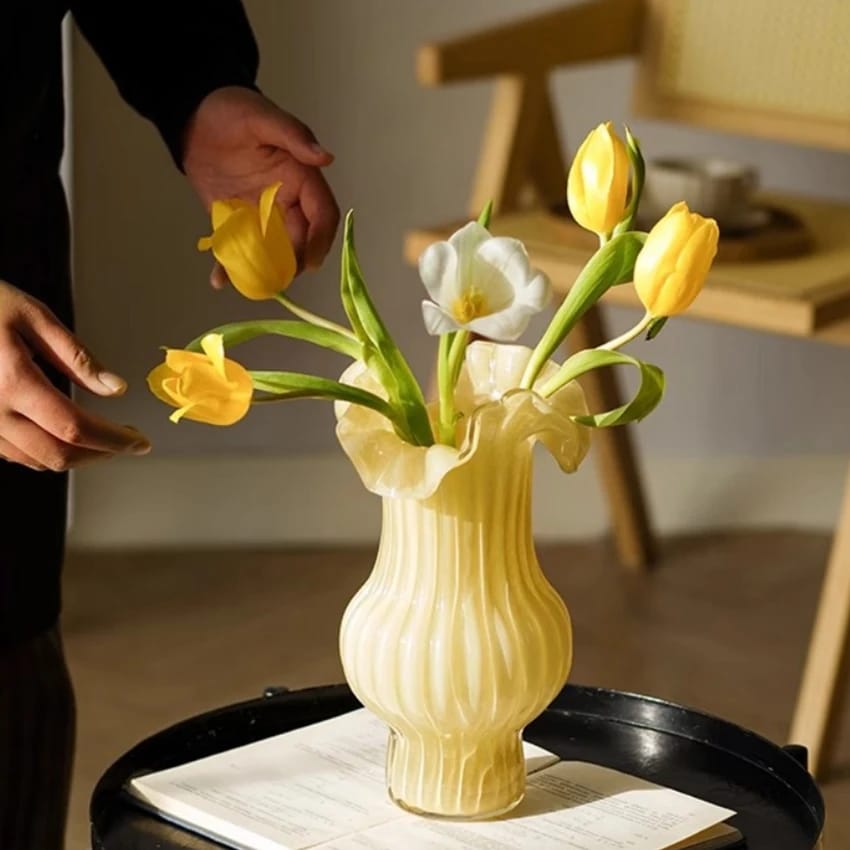 Fancy Glass Flower Vase Decorative Table Centerpiece Elegant Home Office Living Room Bedroom Wedding Event Floral Display Cream Yellow Pink Green