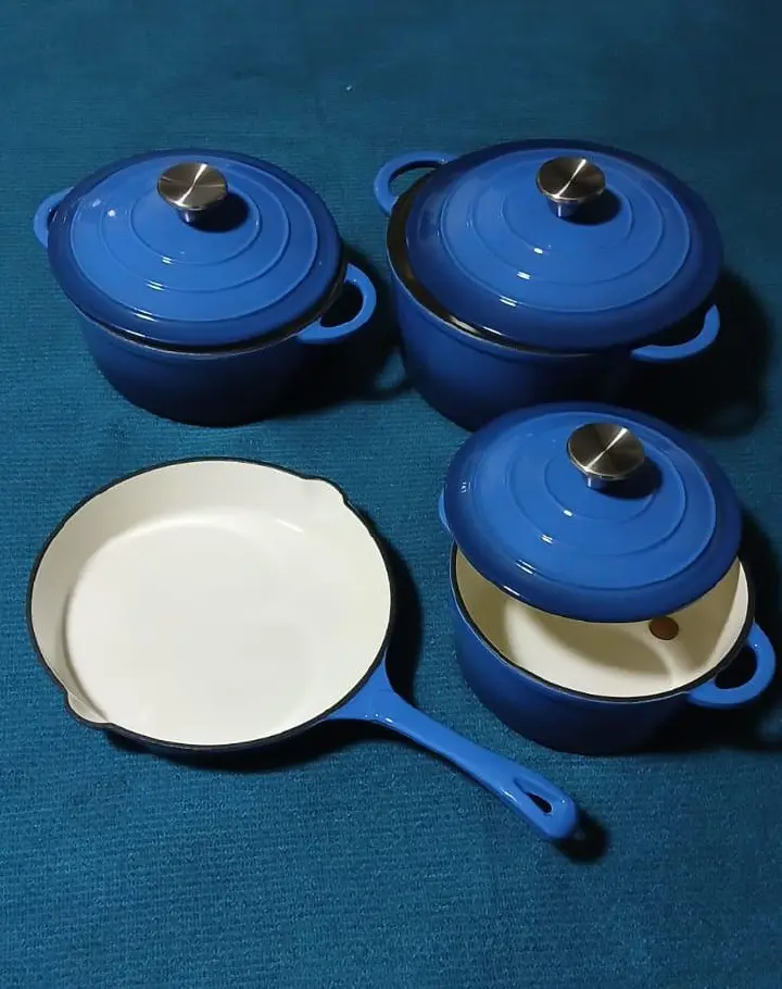 7pcs cast iron cookware set Consist of: ●20cm Milk pot ●22cm Soup pot●24cm.- Casserole
 26cm Frying pan Colour: *Blue only . Kitchen Cooking Set Blue Durable Versatile Home Cookware