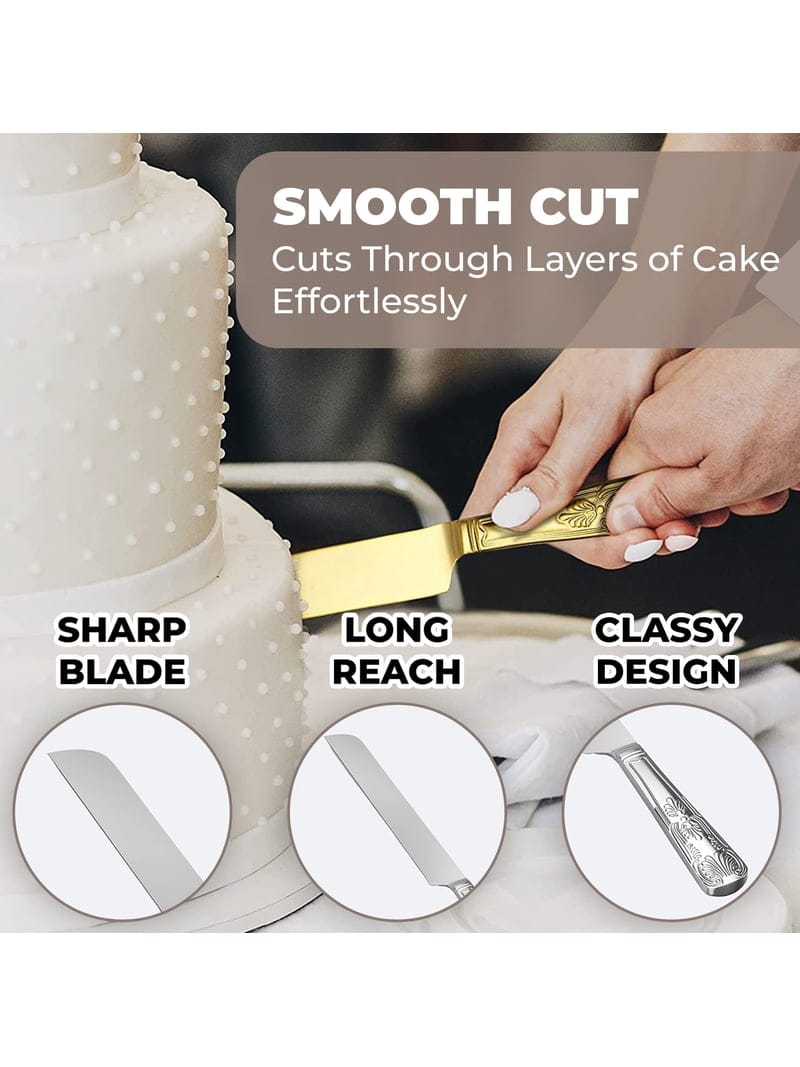 Gold Stainless Steel Cake Server Set 34cm Knife 29cm Cake Cutter Serving Utensils for Weddings Birthdays Parties Events Home Kitchen