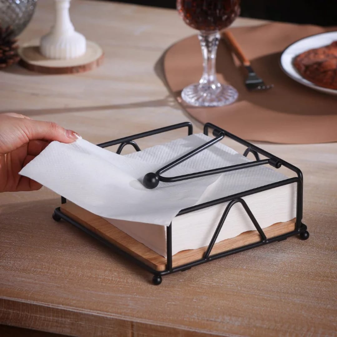 Napkin Serviette Holder with Bamboo Wood Base Black Tabletop Tissue Organizer for Dining Table Kitchen Restaurant Home Decor OFFER