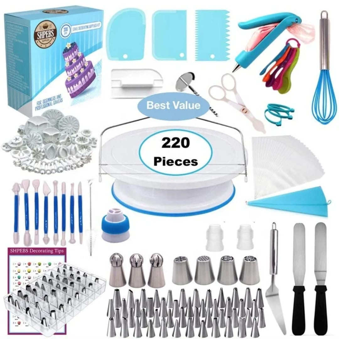 220Pcs Cake Decorating Set Piping Tips Bags Fondant Tools Icing Nozzles Cake Scrapers Decorating Supplies Baking Accessories Kit
