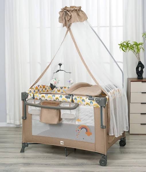 Portable Baby Cot Double Layer Baby Travel Cot Playpen with Detachable Diaper Changing Station Foldable Infant Crib Newborn Bed Easy Setup Room Movement Blue