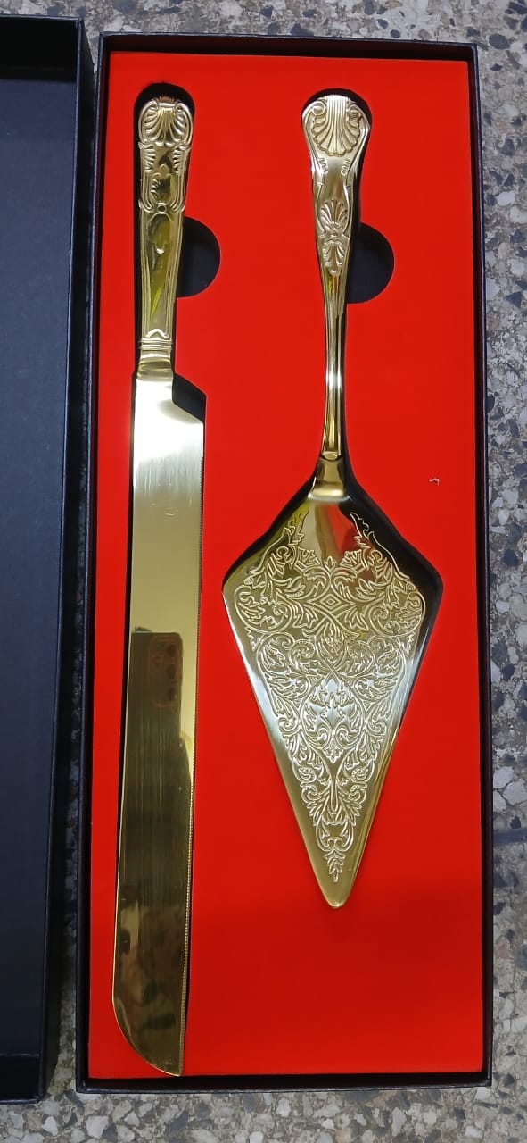 Gold Stainless Steel Cake Server Set 34cm Knife 29cm Cake Cutter Serving Utensils for Weddings Birthdays Parties Events Home Kitchen