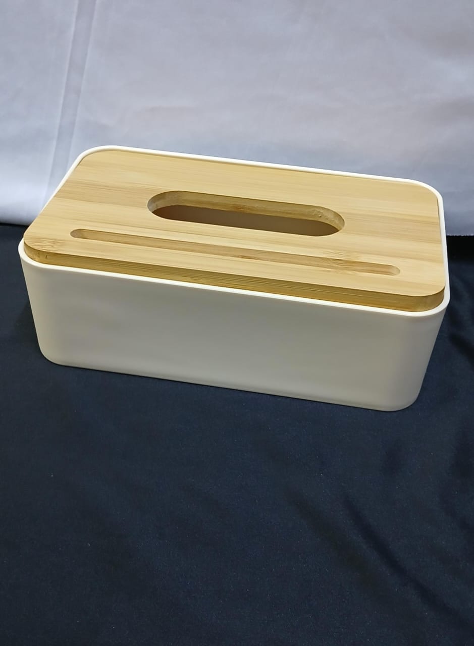 Napkin Serviette Holder with Bamboo Wood Cover 21.5x13x6.5cm Tabletop Tissue Organizer Dining Table Kitchen Home Decor White Beige