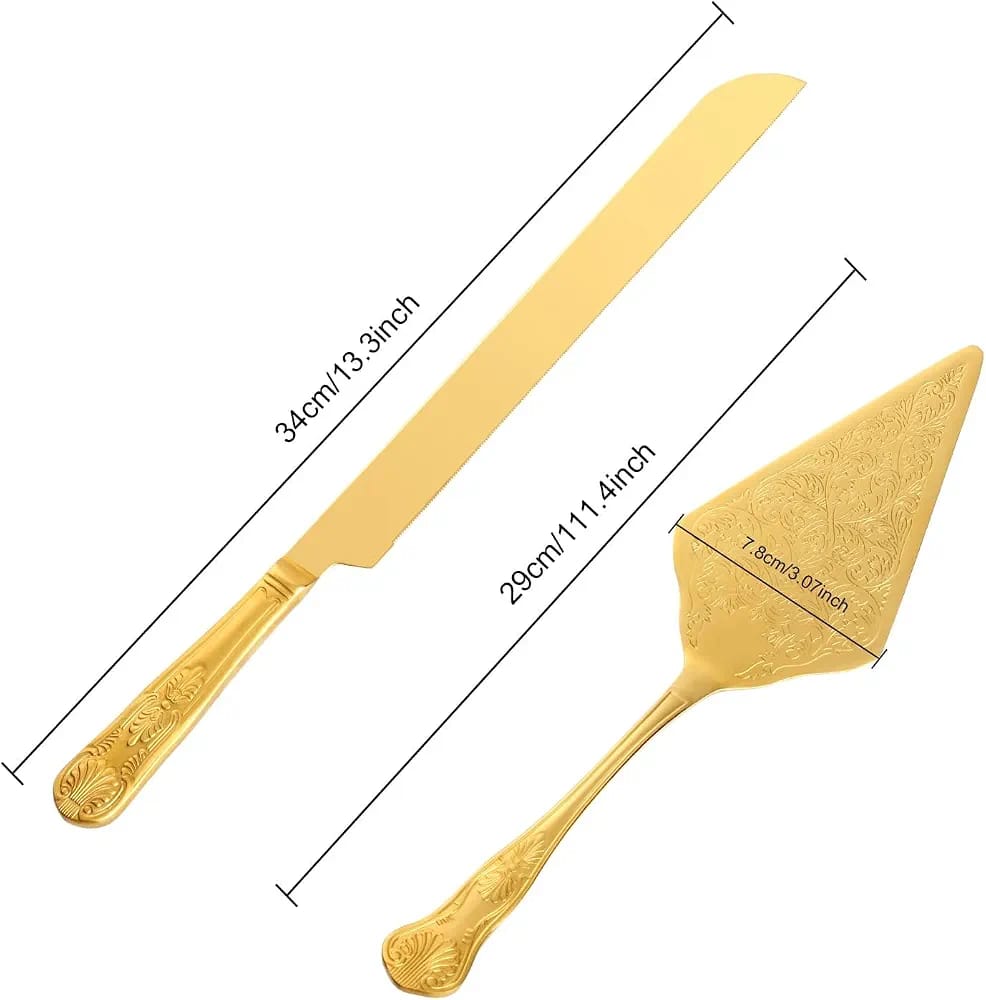 Gold Stainless Steel Cake Server Set 34cm Knife 29cm Cake Cutter Serving Utensils for Weddings Birthdays Parties Events Home Kitchen
