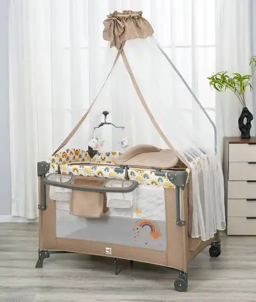 Portable Baby Cot Double Layer Baby Travel Cot Playpen with Detachable Diaper Changing Station Foldable Infant Crib Newborn Bed Easy Setup Room Movement Blue