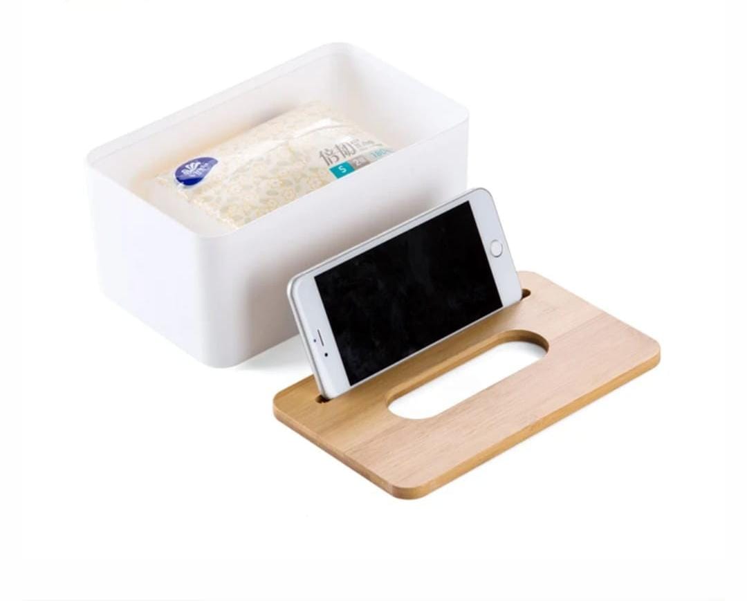 Napkin Serviette Holder with Bamboo Wood Cover 21.5x13x6.5cm Tabletop Tissue Organizer Dining Table Kitchen Home Decor White Beige