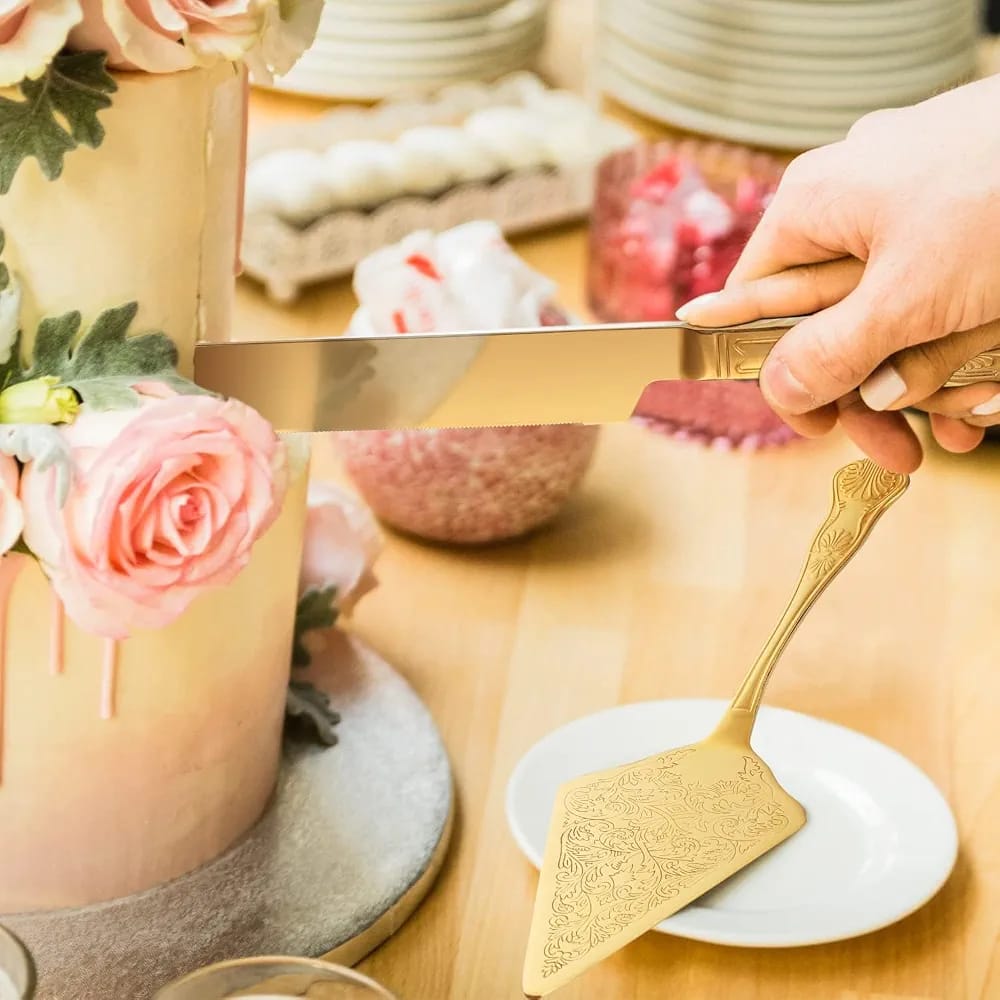 Gold Stainless Steel Cake Server Set 34cm Knife 29cm Cake Cutter Serving Utensils for Weddings Birthdays Parties Events Home Kitchen