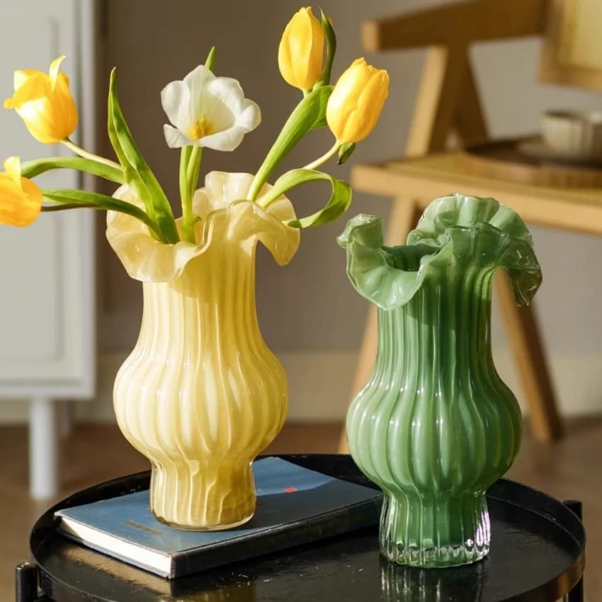 Fancy Glass Flower Vase Decorative Table Centerpiece Elegant Home Office Living Room Bedroom Wedding Event Floral Display Cream Yellow Pink Green