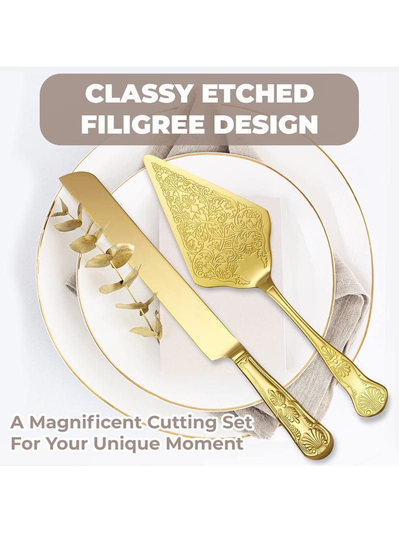 Gold Stainless Steel Cake Server Set 34cm Knife 29cm Cake Cutter Serving Utensils for Weddings Birthdays Parties Events Home Kitchen
