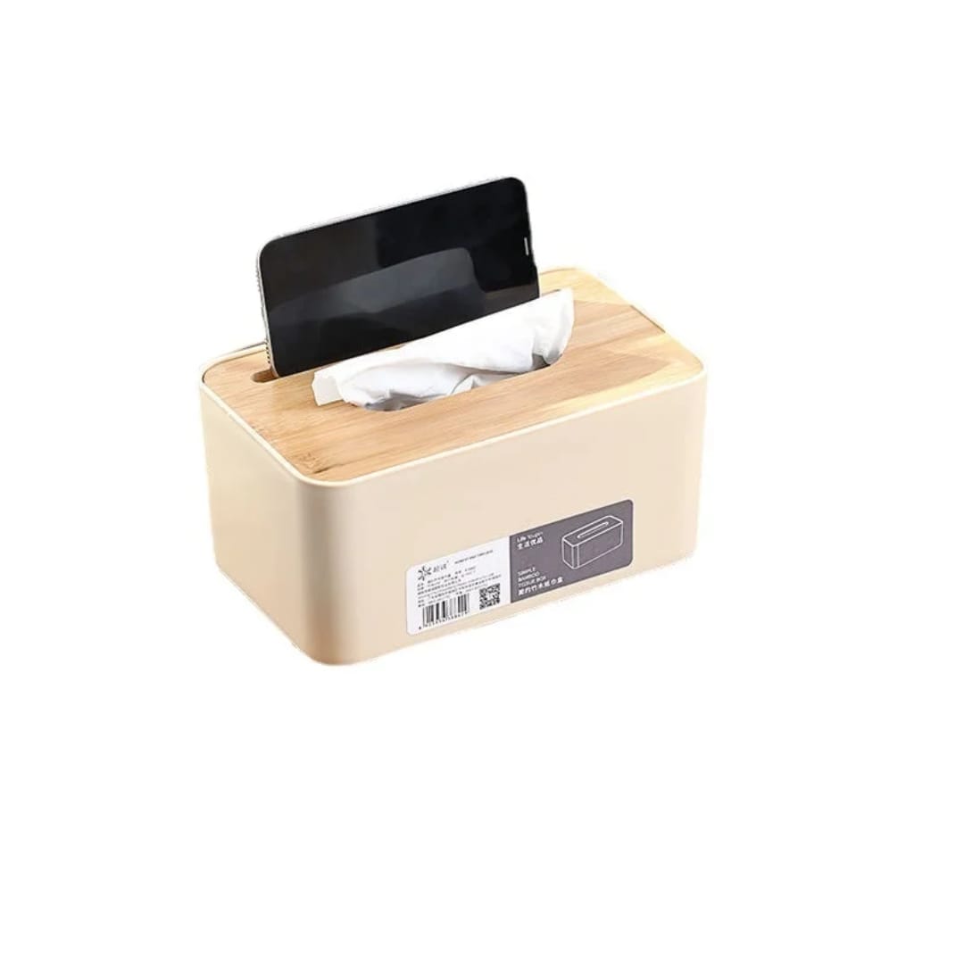 Napkin Serviette Holder with Bamboo Wood Cover 21.5x13x6.5cm Tabletop Tissue Organizer Dining Table Kitchen Home Decor White Beige